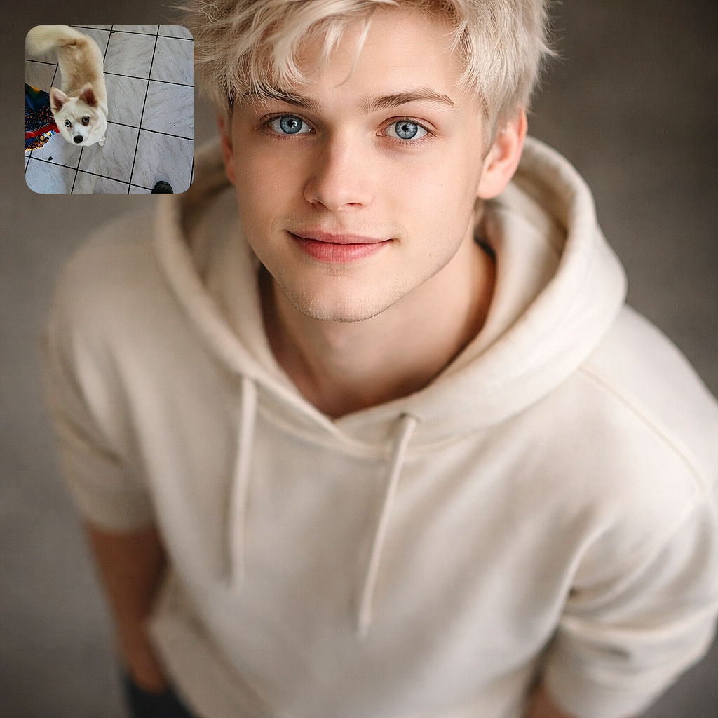 A fluffy cream-colored dog with striking blue eyes looks up curiously from a tiled floor, its tail wagging in mid-motion. The photo captures a candid moment with the photographer's boots visible at the bottom, adding a casual and homey vibe.