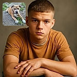 A charming young dog lounges on a dirt path, paws stretched out over a patch of green grass, with a focused and slightly curious expression that makes you want to know what it's thinking.