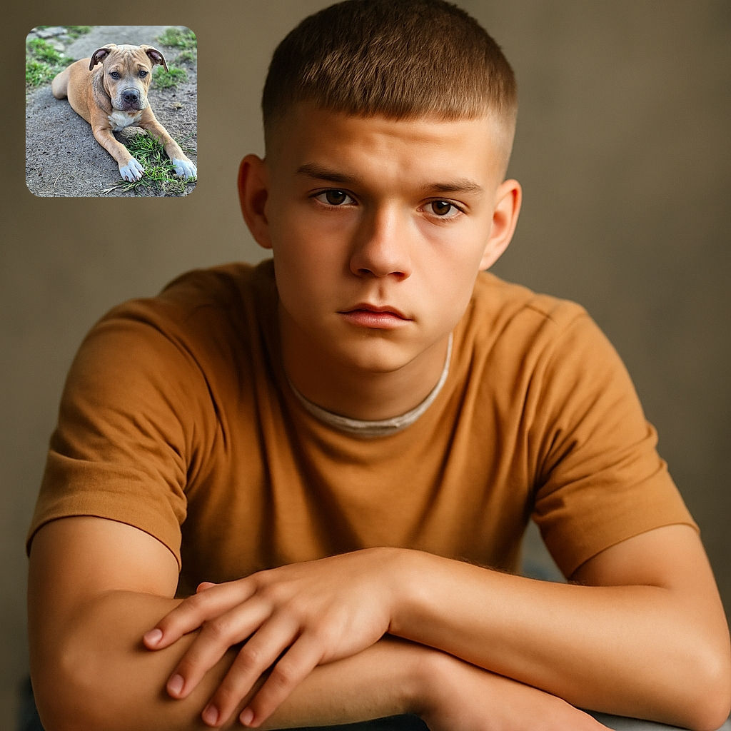 A charming young dog lounges on a dirt path, paws stretched out over a patch of green grass, with a focused and slightly curious expression that makes you want to know what it's thinking.
