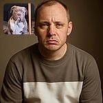 A serious-faced dog with a muscular build sits indoors next to a wooden table leg and some shoes, looking straight ahead with a calm but intense gaze.
