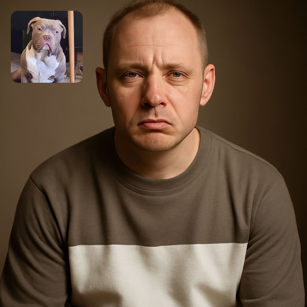A serious-faced dog with a muscular build sits indoors next to a wooden table leg and some shoes, looking straight ahead with a calm but intense gaze.