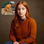 A golden retriever puppy sits patiently on a wooden kitchen floor, looking up with soulful eyes as if waiting for a treat or some attention. The cozy kitchen setting with green cabinets and a towel hanging on the oven adds to the warm, homey vibe.