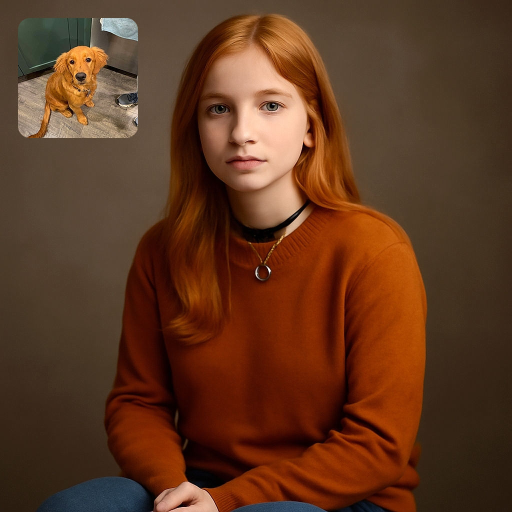 A golden retriever puppy sits patiently on a wooden kitchen floor, looking up with soulful eyes as if waiting for a treat or some attention. The cozy kitchen setting with green cabinets and a towel hanging on the oven adds to the warm, homey vibe.