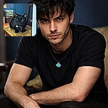A sleek black cat with piercing green eyes lounges regally on a plush golden cushion atop a wooden chair, framed by a cozy room with blue walls and soft natural light streaming in from a window.