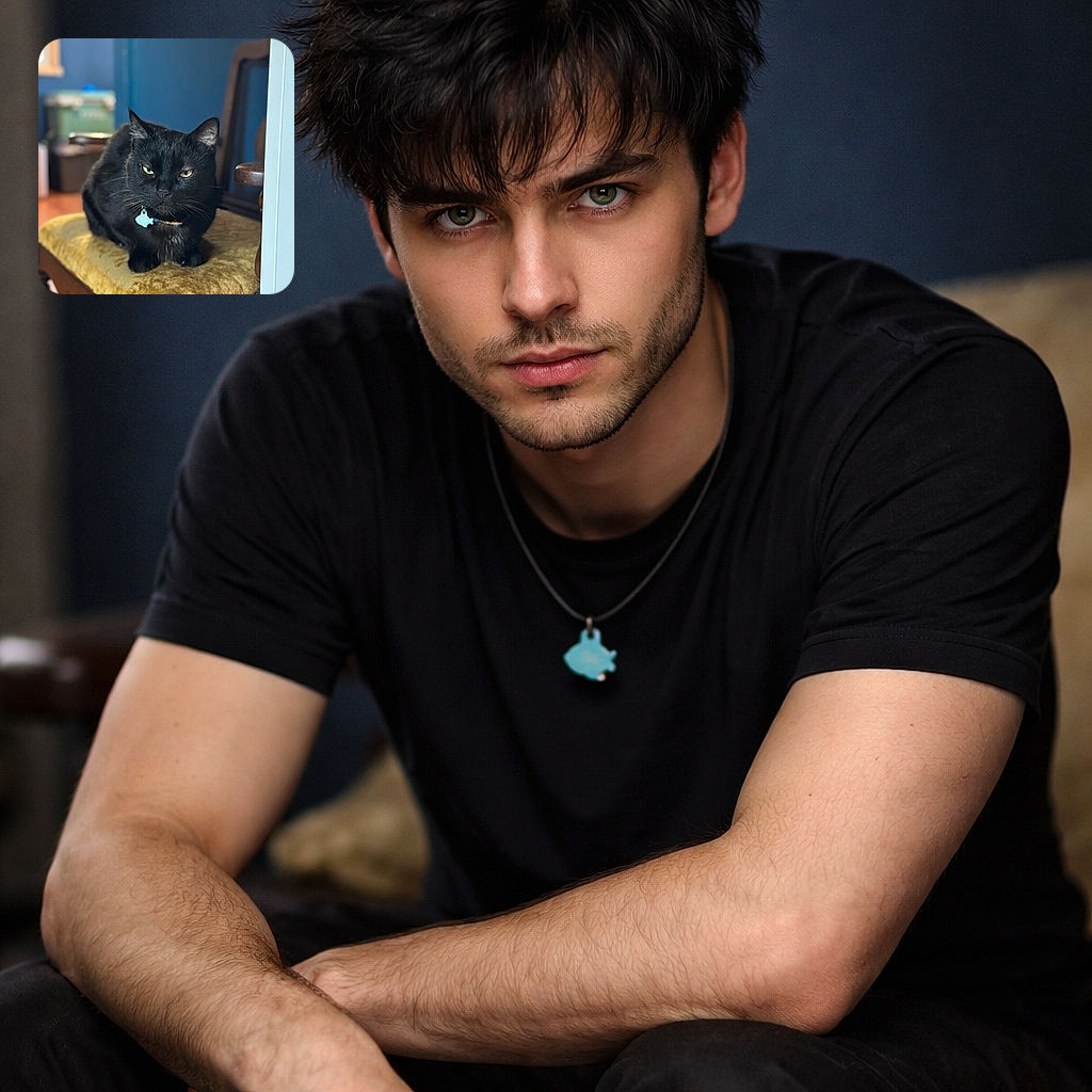 A sleek black cat with piercing green eyes lounges regally on a plush golden cushion atop a wooden chair, framed by a cozy room with blue walls and soft natural light streaming in from a window.