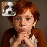 An adorable puppy with big, soulful eyes and a black nose is peeking over a white surface, looking up with irresistible puppy dog eyes on a tiled floor background.