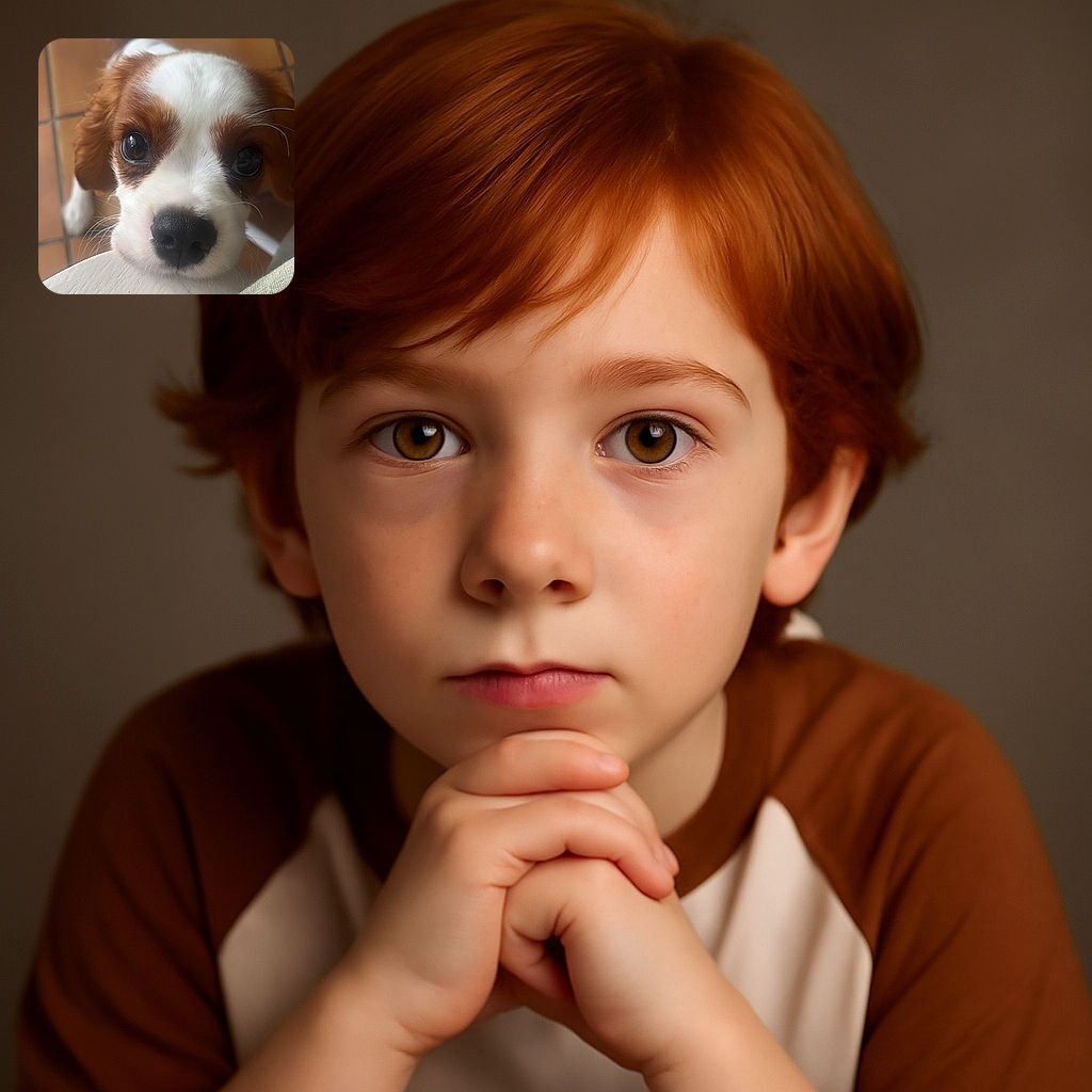 An adorable puppy with big, soulful eyes and a black nose is peeking over a white surface, looking up with irresistible puppy dog eyes on a tiled floor background.