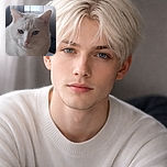 A close-up shot of a beautiful white cat with heterochromia, one eye blue and the other a pale greenish color, staring calmly at the camera. The soft natural light filtering through a curtain in the background adds a gentle ambiance to the serene feline portrait.