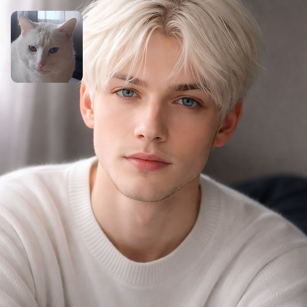 A close-up shot of a beautiful white cat with heterochromia, one eye blue and the other a pale greenish color, staring calmly at the camera. The soft natural light filtering through a curtain in the background adds a gentle ambiance to the serene feline portrait.