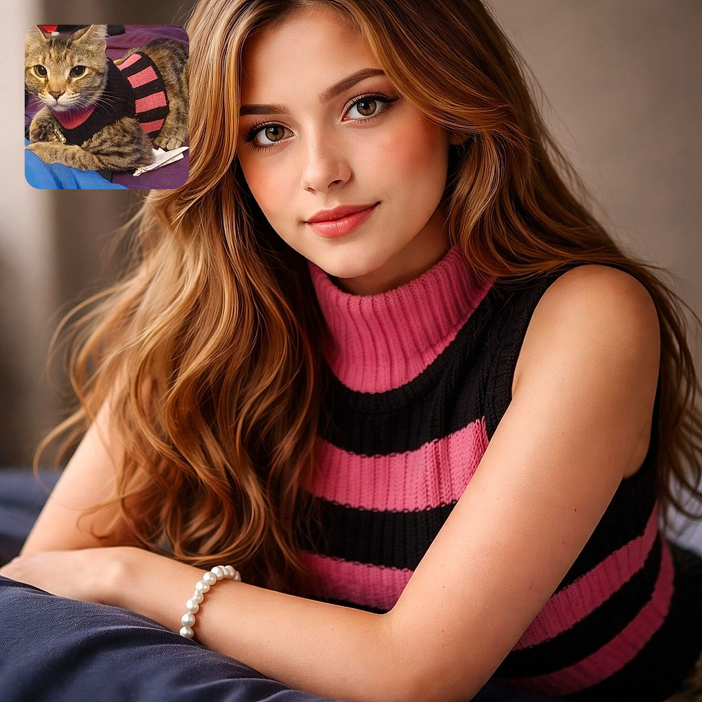 A tabby cat wearing a black and pink striped sweater lounges on a purple bedspread, looking intently at the camera. Nearby, a human arm rests casually, and various household items like a thermos and plastic container are scattered in the background, creating a cozy yet slightly cluttered scene.