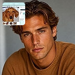 A serious-looking reddish dachshund fills the browser window like a furry detective investigating the internet, while a French adoption page and tiny thumbnail gallery surround its dramatic close-up.