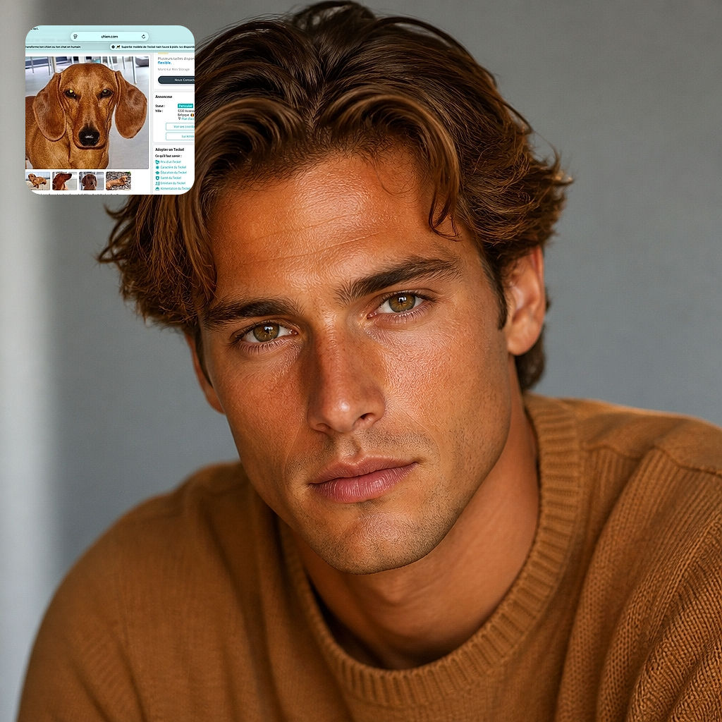A serious-looking reddish dachshund fills the browser window like a furry detective investigating the internet, while a French adoption page and tiny thumbnail gallery surround its dramatic close-up.