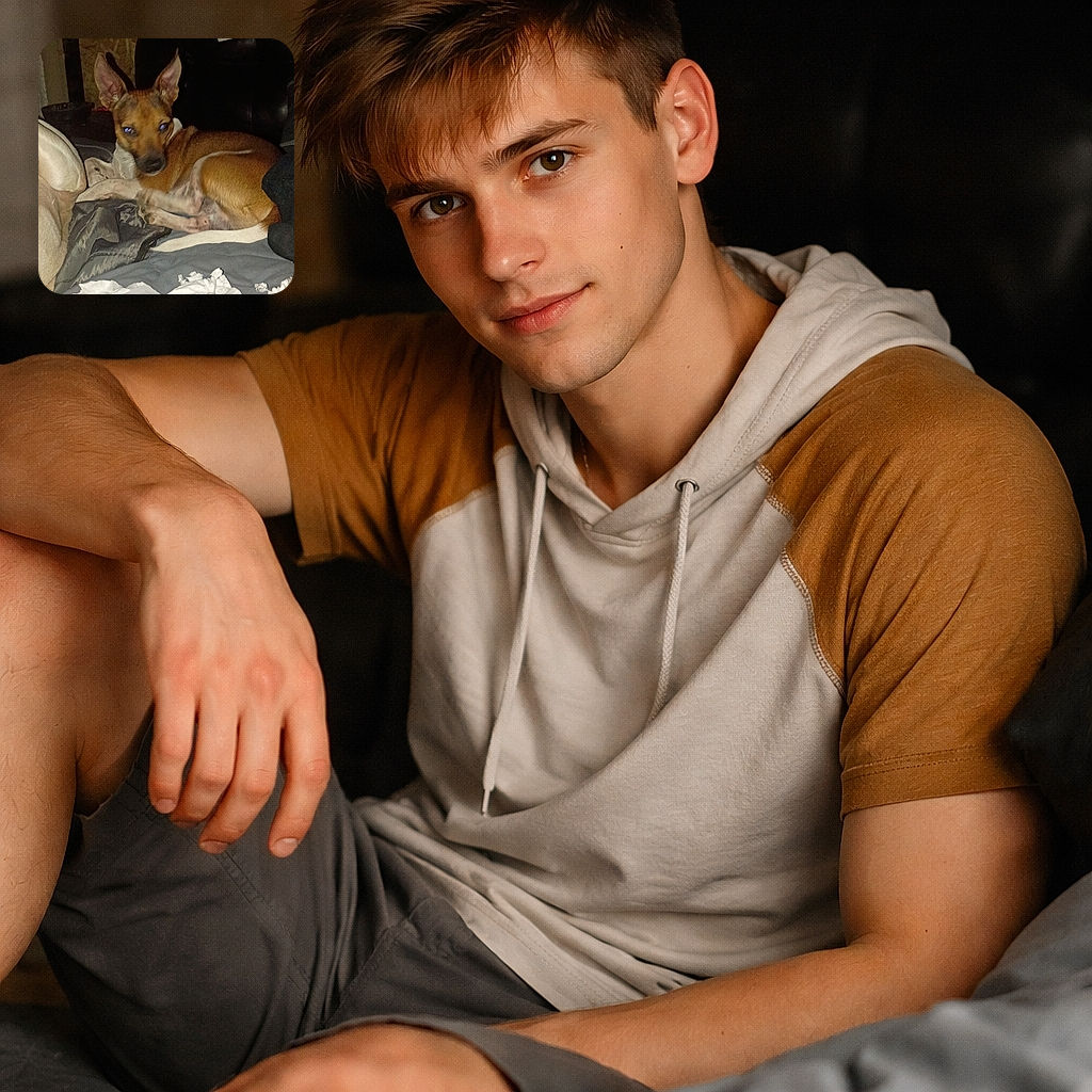 A small brown dog curled on a messy bed, giving the classic blue‑eye flash stare while surrounded by shredded tissues and scattered paper — caught mid-guilty nap with alert ears and a ‘who, me?’ expression.