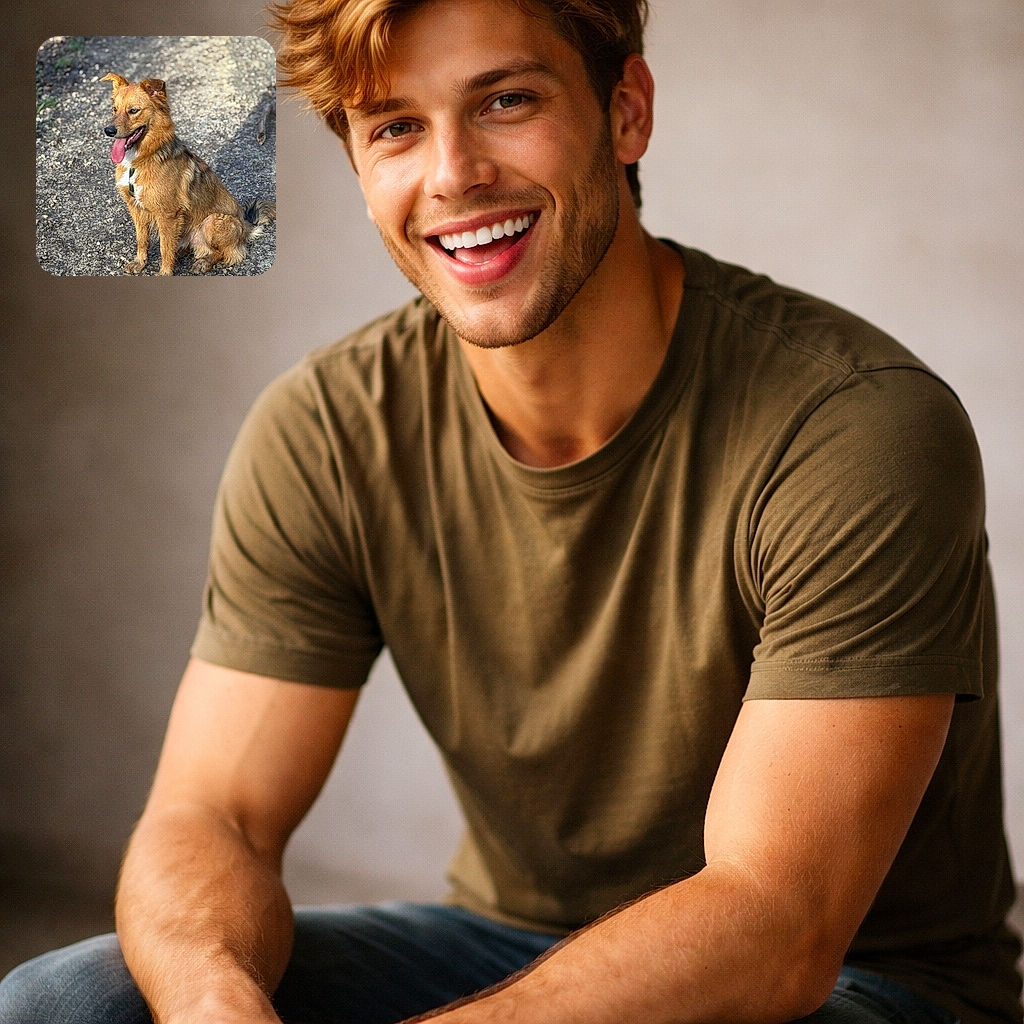 A happy, slightly muddy dog sits proudly on a gravel path with its tongue flopping out and ears perked — looks like it just completed an epic stick-chasing mission and is basking in the glory of sunlight and dirt.