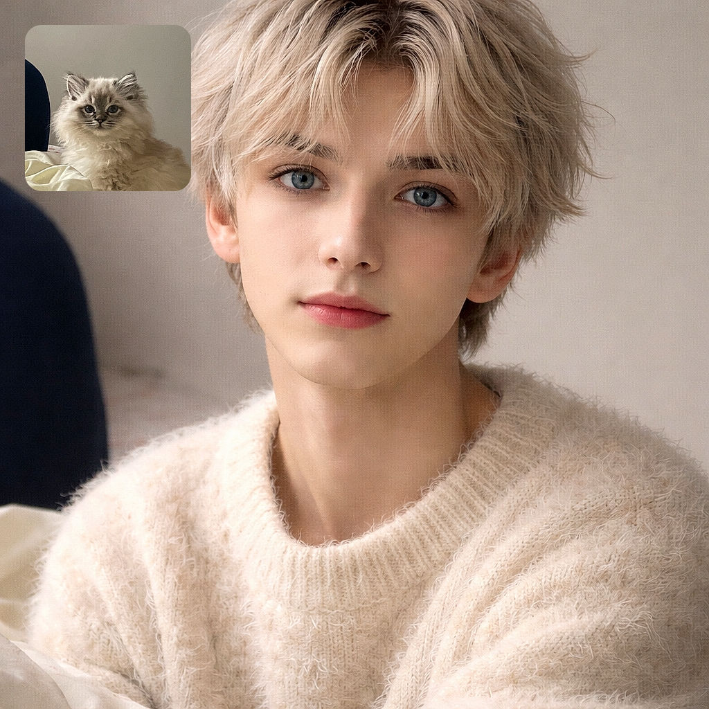 A fluffy blue‑eyed kitten stares at the camera like it’s practicing for royalty auditions — ruffly mane, tiny whiskers, and a neutral wall backdrop that says ‘less is more’ while the bed sheet provides an ad‑hoc throne.