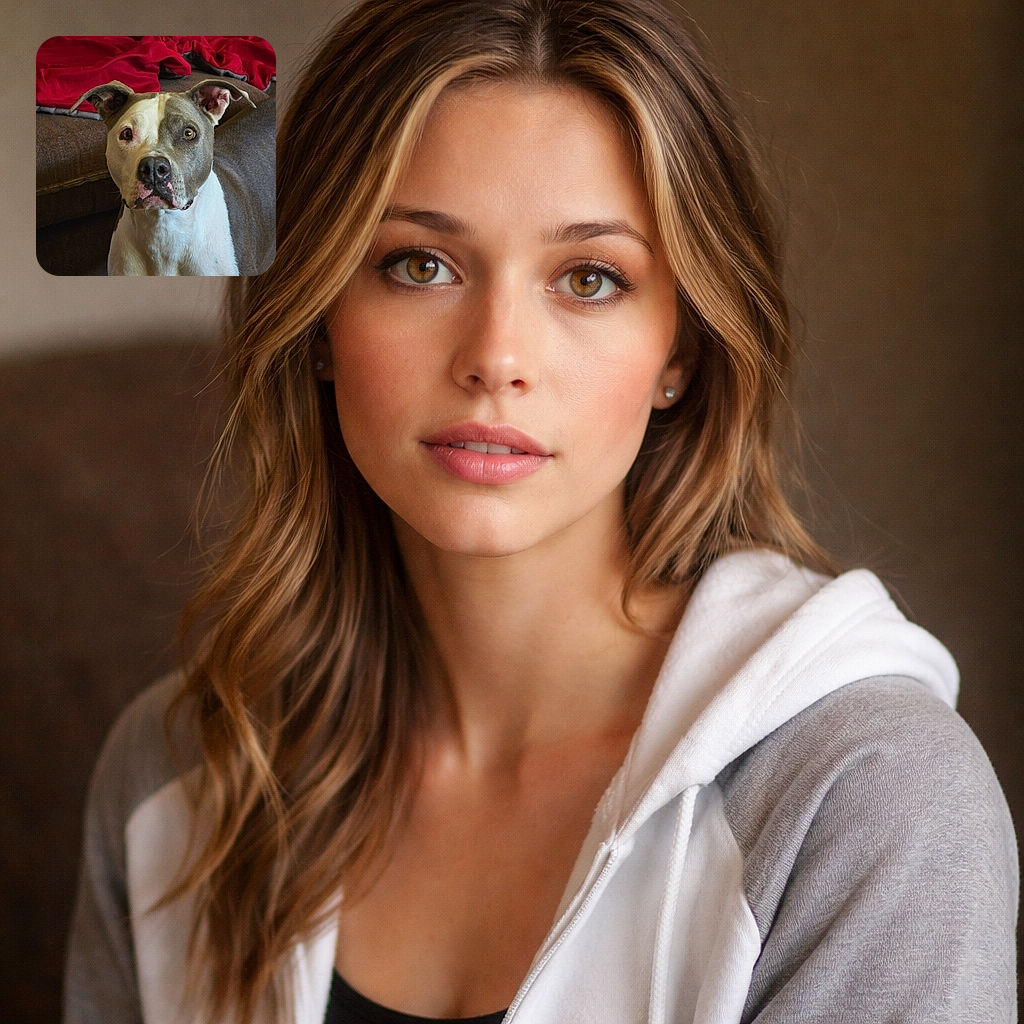 A wide-eyed pit bull giving the classic 'who, me?' stare — ears flopped, pink-speckled snout, and couch royalty energy.