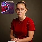 A small dog wearing a red sweater sits patiently on a festive red and white tree skirt under a brightly decorated Christmas tree glowing with colorful lights, casting a cozy holiday vibe in a carpeted room.