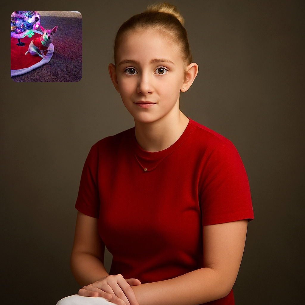 A small dog wearing a red sweater sits patiently on a festive red and white tree skirt under a brightly decorated Christmas tree glowing with colorful lights, casting a cozy holiday vibe in a carpeted room.
