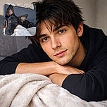 A close-up photo of a black and tan dog lying on a soft white blanket on a couch, gazing directly into the camera with big, soulful eyes and one ear perked up, creating a cozy and heartwarming moment.