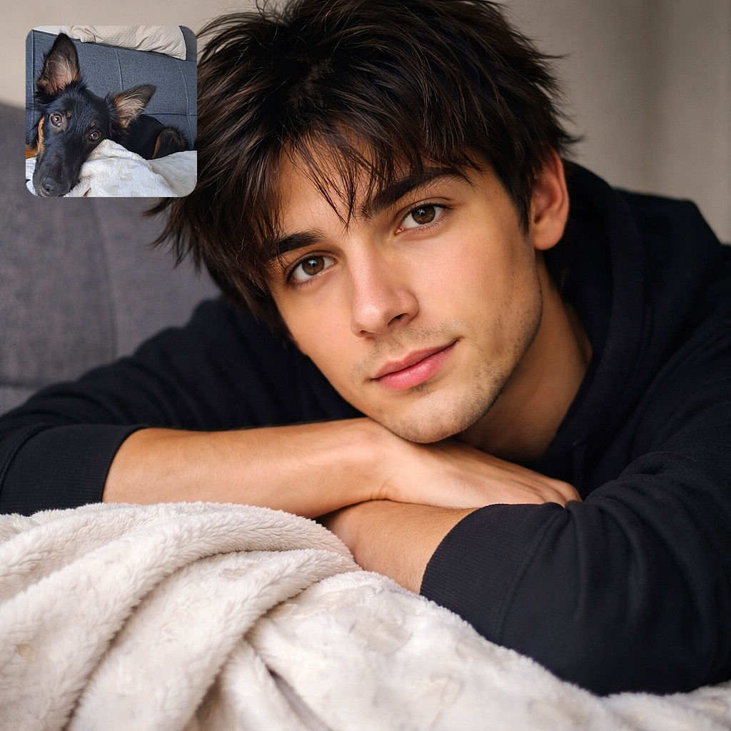 A close-up photo of a black and tan dog lying on a soft white blanket on a couch, gazing directly into the camera with big, soulful eyes and one ear perked up, creating a cozy and heartwarming moment.