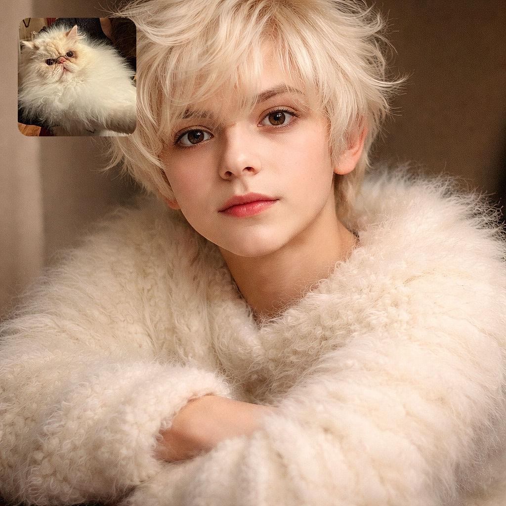 A regal little cloud of fur: a grumpy Persian cat with a flat face and enormous saucer eyes, posing like it owns the living room while being held. Its fluffy mane looks like someone hugged a cotton ball and gave it attitude.