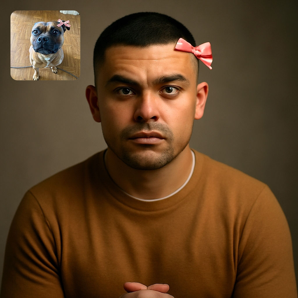 A charming dog with soulful eyes and a tiny pink bow on its ear is sitting on a wooden floor, looking up with an expression that says 'Are you sure you want to say no to this face?' The cozy indoor setting adds warmth to the scene.