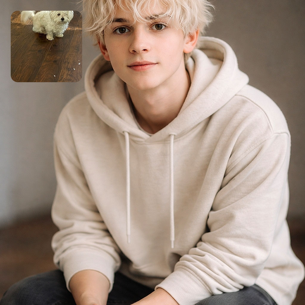 A fluffy white pup sits on a dark hardwood floor with a slightly guilty, curious stare — tail a blurry question mark — surrounded by tiny bits of floor confetti. Cozy, adorable, and clearly plotting the next snack he dismantles.