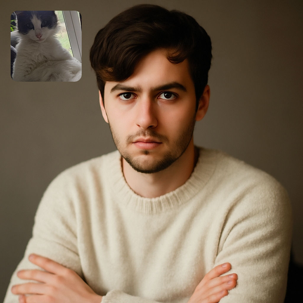 A fluffy white and gray cat lounges comfortably near a window with natural light softly illuminating its fur, looking curiously at the camera with a slightly mysterious expression.