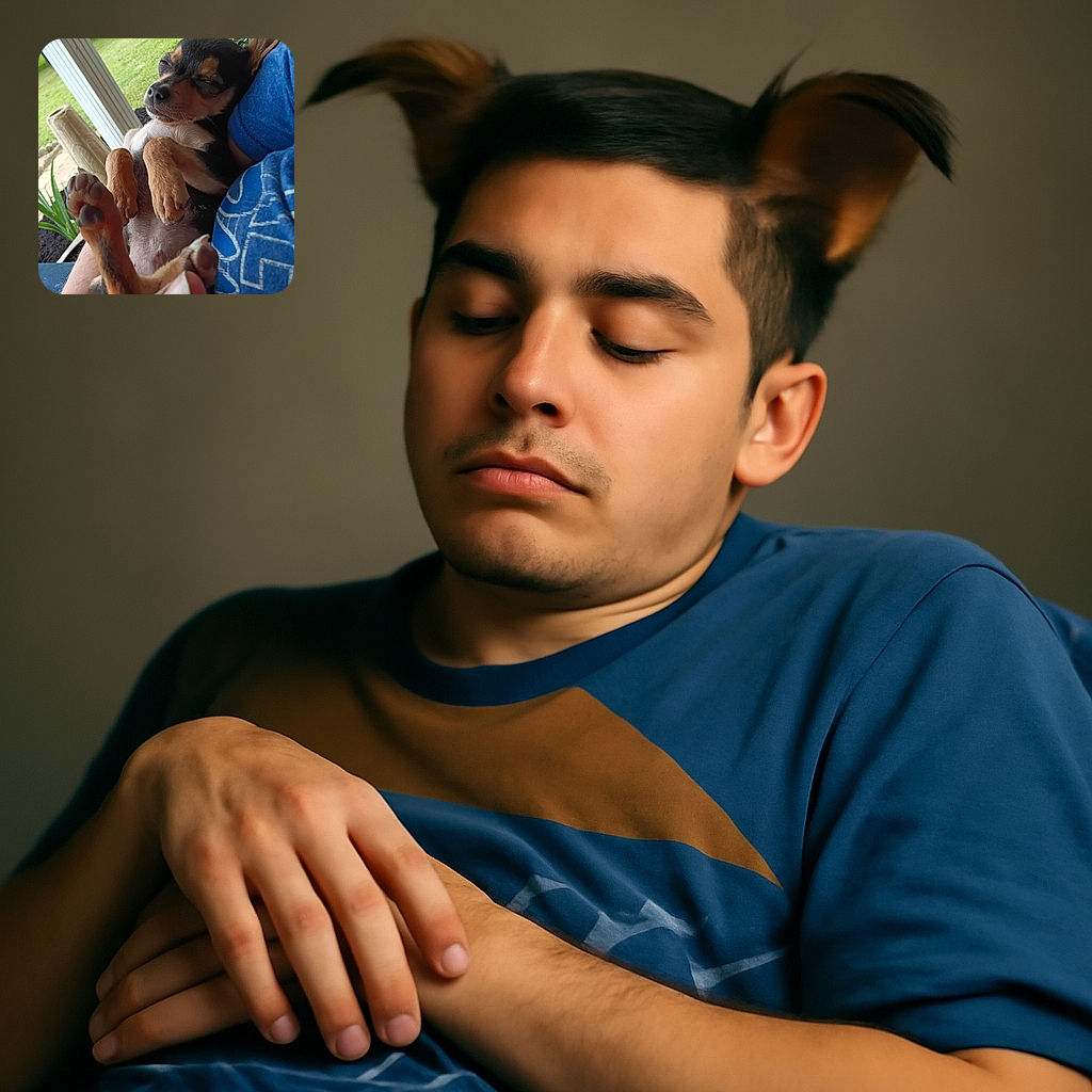 A tiny dog is peacefully napping in someone's arms, paws up and looking utterly relaxed with eyes closed, set against a cozy outdoor porch background with greenery and a blue shirt nearby.