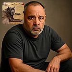 A large, serious-looking gray dog lies on a beige carpet, gazing directly at the camera with soulful eyes. Behind the dog, a cozy dog bed with a beige blanket is visible, and a red and white Santa hat lies on the floor nearby. The setting is a warm, lived-in room with soft lighting.