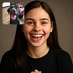 A joyful black Labrador retriever with a big shiny nose and tongue out is eagerly looking up at the camera, surrounded by a cozy indoor setting with a dog crate and soft cushions in the background.