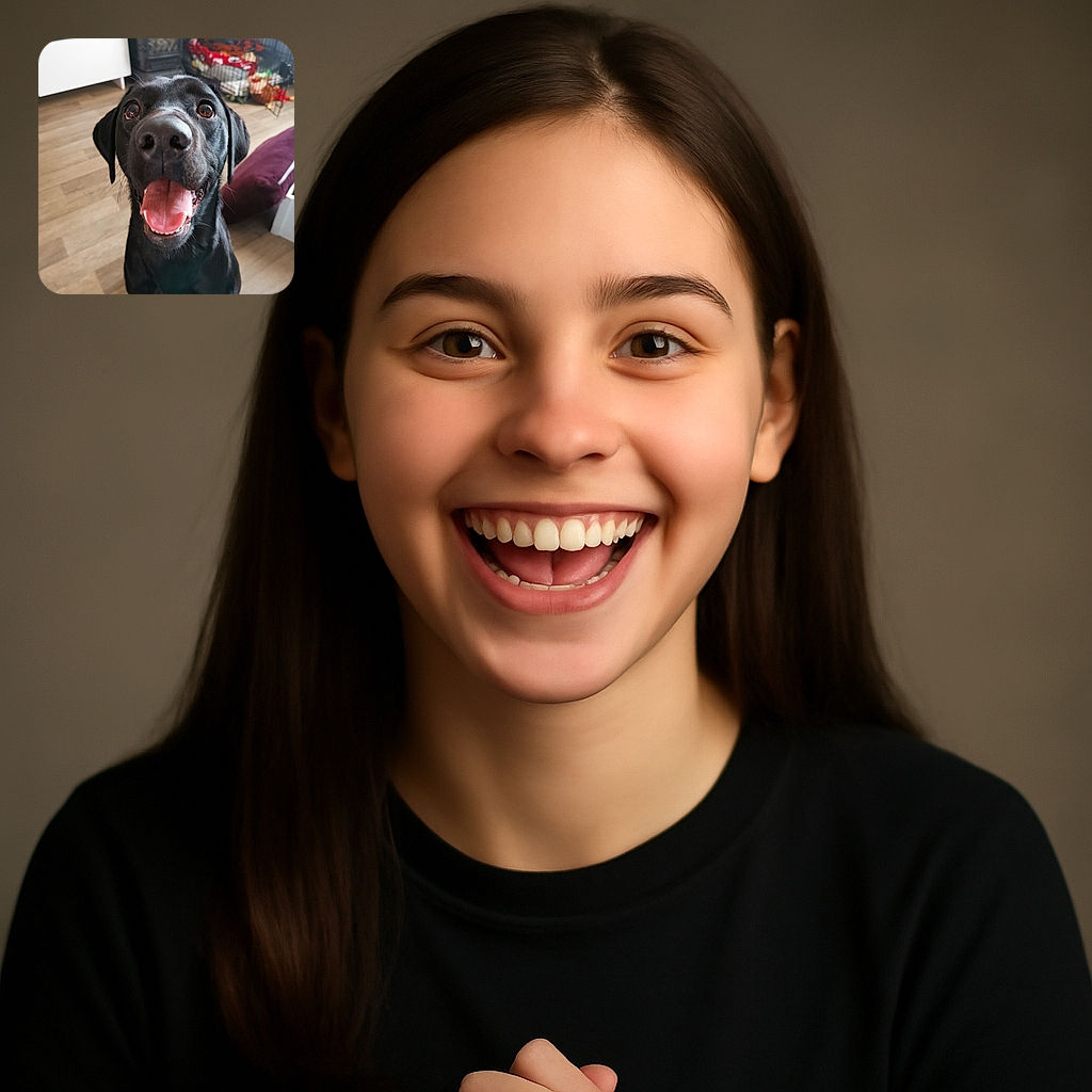 A joyful black Labrador retriever with a big shiny nose and tongue out is eagerly looking up at the camera, surrounded by a cozy indoor setting with a dog crate and soft cushions in the background.