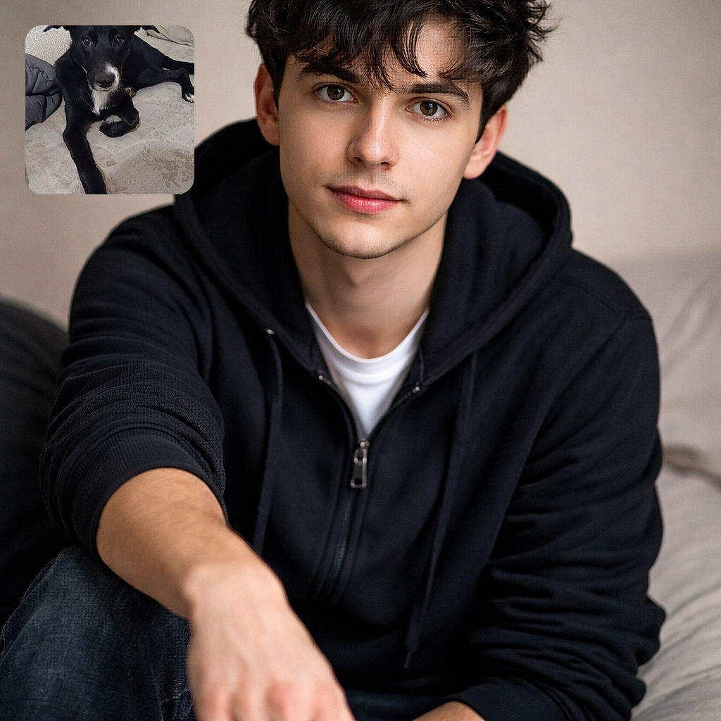 A cozy, curious black dog with a white chin stares straight into the camera like it just heard the word 'treat' — one paw stretched toward the lens while it lounges on a patterned bed against a plain wall.