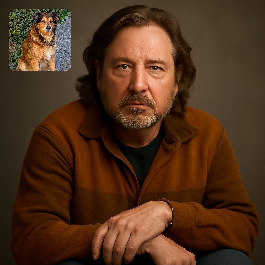 A dignified fluffy dog with a thick golden and black coat sits patiently on a paved path next to a lush green hedge, looking thoughtfully into the distance as if pondering the mysteries of the universe or waiting for a squirrel to appear.