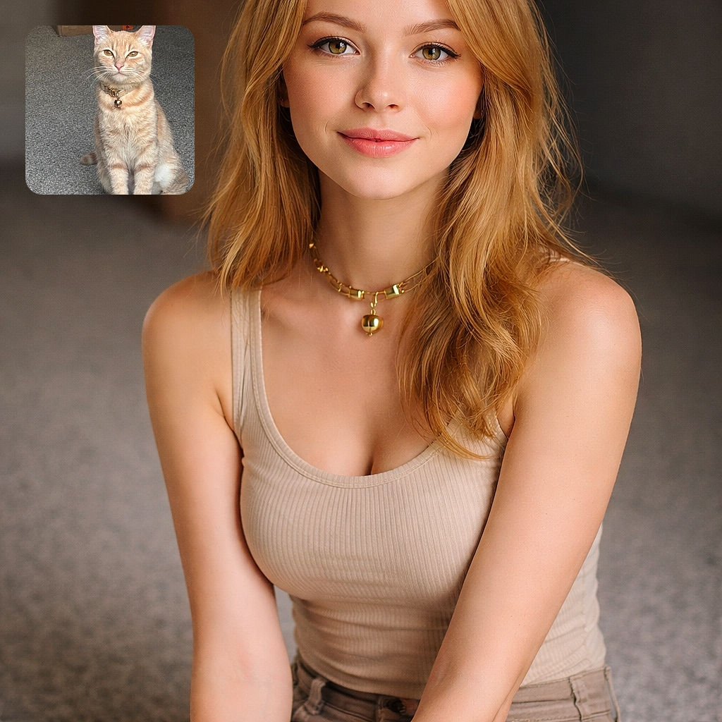 A dignified ginger tabby sitting upright like it pays the rent — bell jingling on its collar, golden squinty eyes, pristine whiskers and a face that clearly judges your snack choices. Grey carpet and a cardboard box make a humble but cozy backdrop.