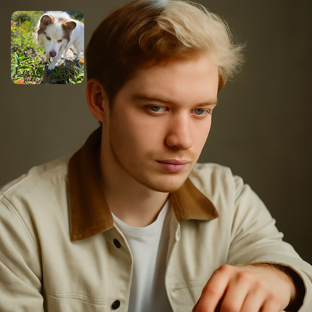 A focused close-up of a white and brown dog with piercing blue eyes, walking through a sunlit garden filled with green plants and orange flowers, looking curiously ahead with a natural outdoor backdrop.