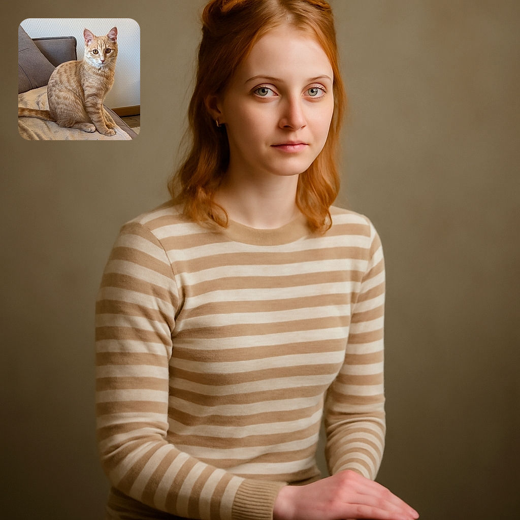 A curious orange tabby cat sits upright on a cozy beige blanket draped over a gray couch, staring intently at the camera with bright amber eyes. The simple textured wall and soft natural lighting add a calm, homey atmosphere.