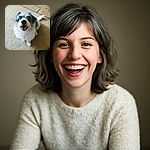 A fluffy, happy dog with a slightly scruffy coat looks up eagerly, mouth open in a joyful expression, sitting on a beige carpet with a blurred background that emphasizes the dog's face.