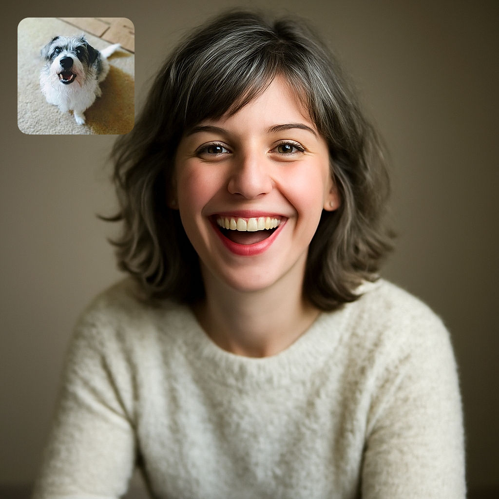 A fluffy, happy dog with a slightly scruffy coat looks up eagerly, mouth open in a joyful expression, sitting on a beige carpet with a blurred background that emphasizes the dog's face.