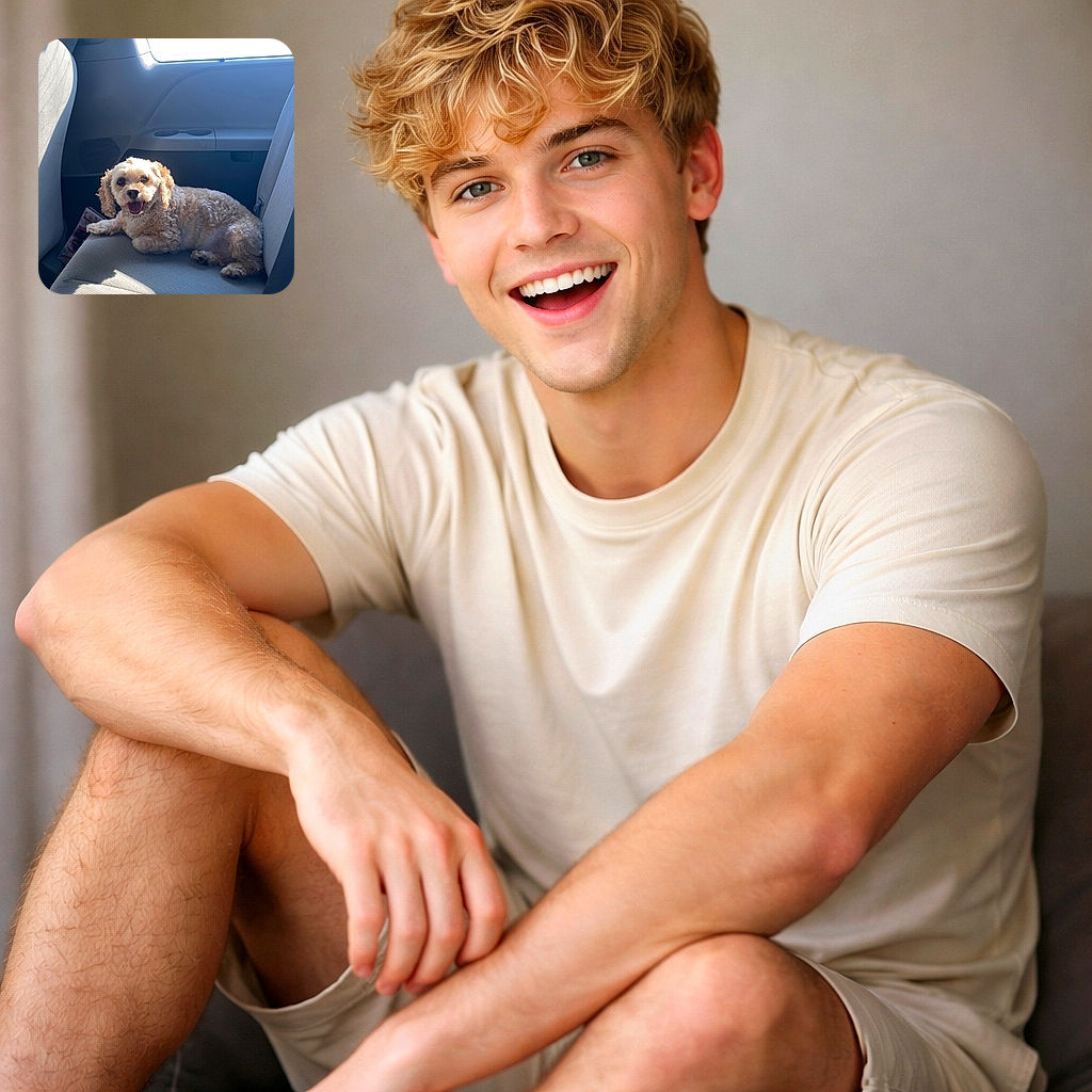 A fluffy, smiling small dog lounges like royalty on a car seat, tongue out and eyes gleaming in a streak of sunlight — clearly content with backseat life and ready for treats.