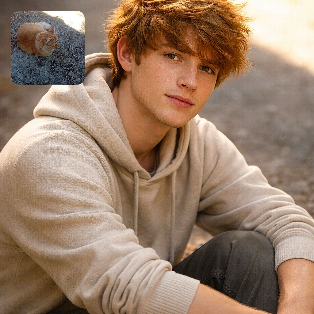 A fluffy ginger cat loafs on gravel like it owns the patio — sun hitting its back, whiskers pointing forward, and an expression that says 'do not disturb my nap or I will judge you.'