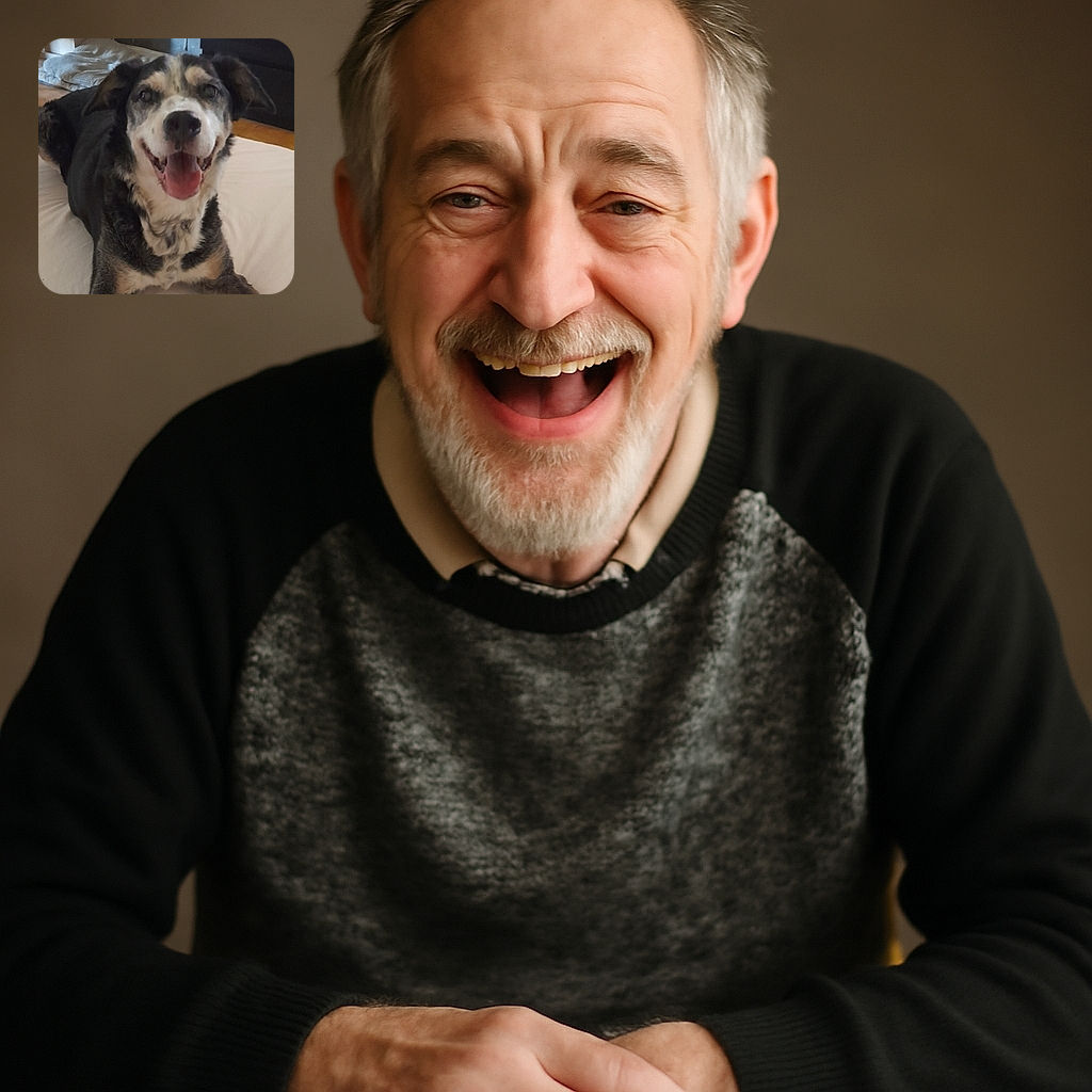 A happy dog with a wide smile and tongue out is lying comfortably on a white surface indoors, with a cozy background including a pillow and furniture. The dog's eyes are bright and its fur is a mix of black, white, and tan colors.