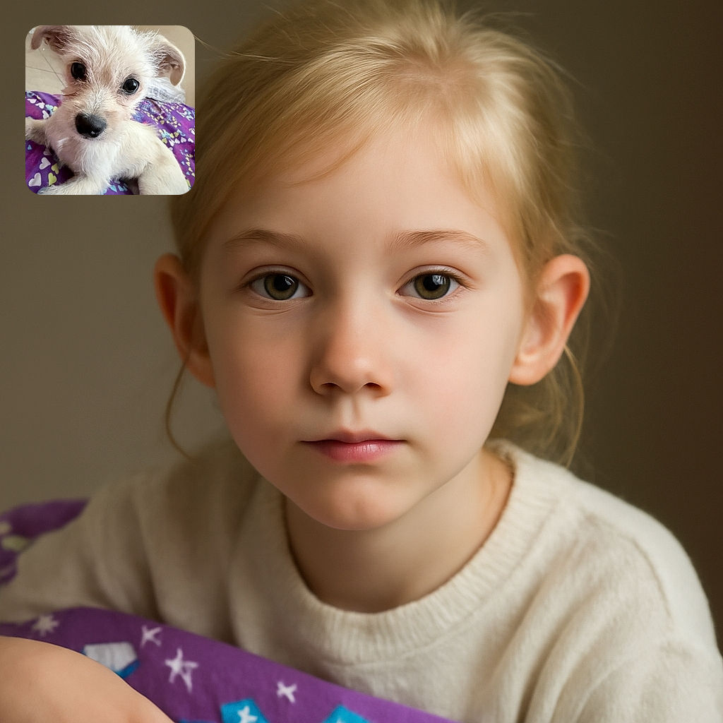 An adorable scruffy puppy with big, soulful eyes and fluffy fur lounges on a colorful heart-patterned blanket, looking straight into the camera with innocent curiosity.