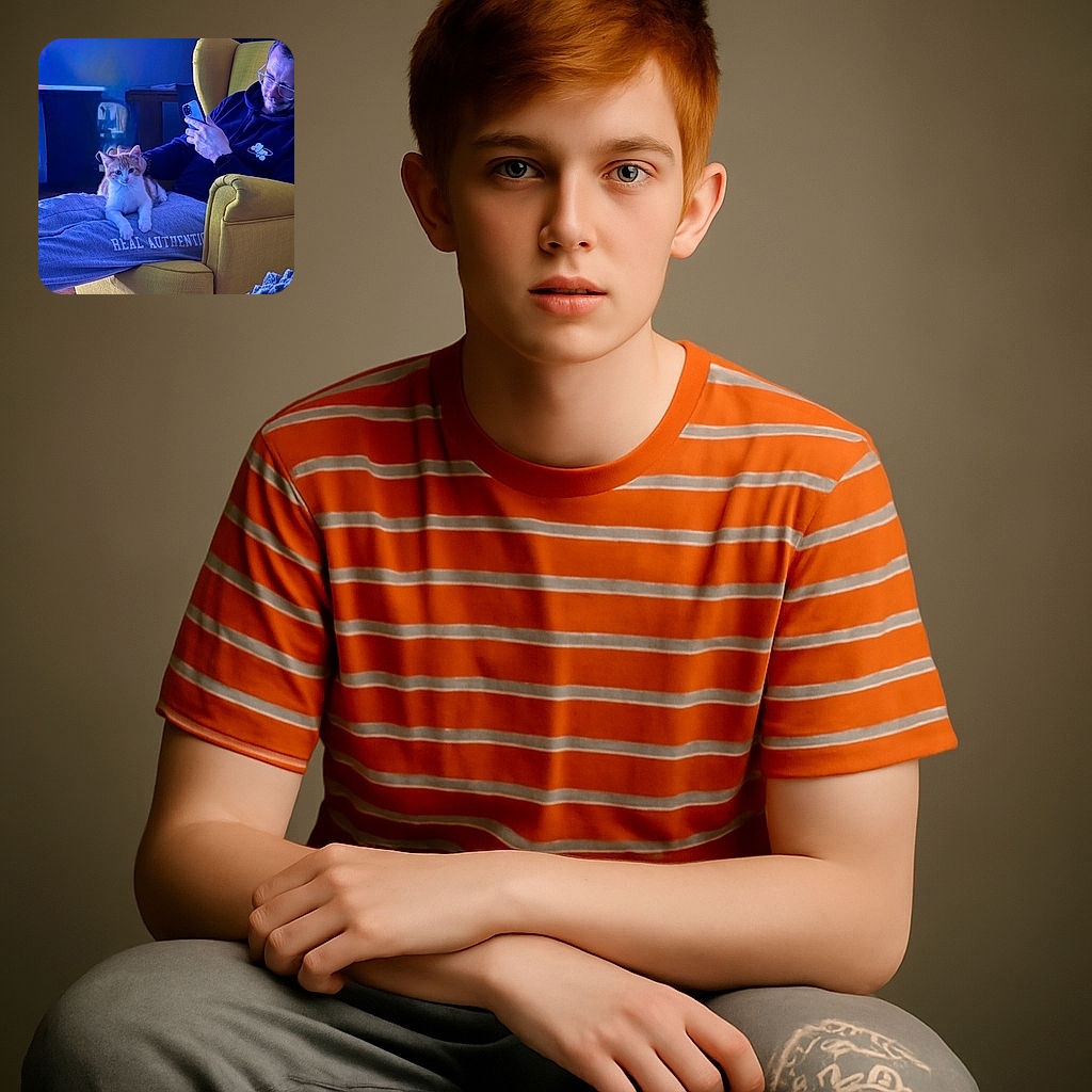 A cozy indoor scene where a relaxed man in glasses lounges in a bright yellow armchair, scrolling on his phone, while a curious orange and white cat comfortably rests on his lap. The soft blue lighting adds a calm and serene vibe, with the text 'REAL AUTHENTIC' visible on the man's sweatpants, making the cat look like the real authentic boss of the house.