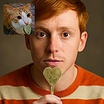 A curious orange and white cat is sniffing a heart-shaped green treat on a stick, with wide shiny eyes full of wonder and a wooden floor in the background. The cat's whiskers fan out adorably, making it look like it's about to fall in love with the treat.