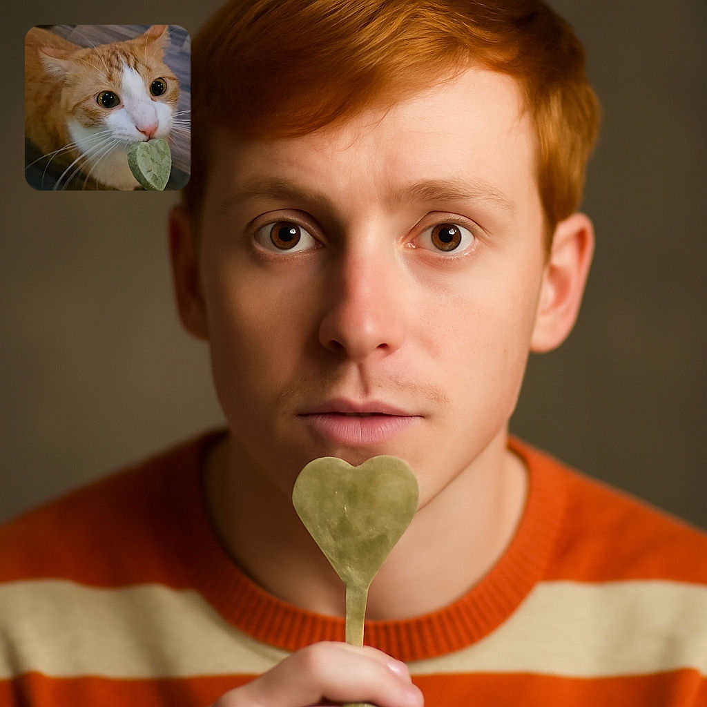 A curious orange and white cat is sniffing a heart-shaped green treat on a stick, with wide shiny eyes full of wonder and a wooden floor in the background. The cat's whiskers fan out adorably, making it look like it's about to fall in love with the treat.