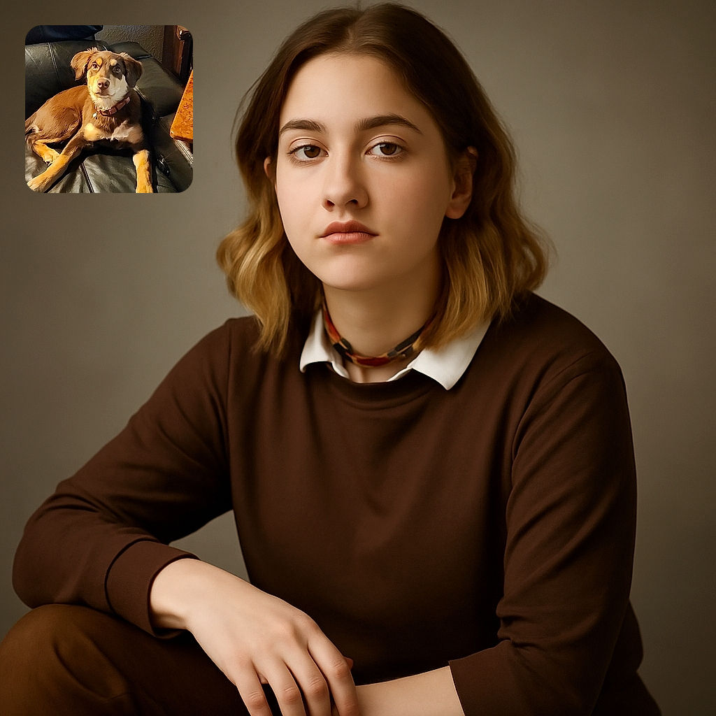 A charming brown dog with tan markings lounges comfortably on a black leather couch, gazing upward with a calm and curious expression. The cozy indoor setting is softly lit, highlighting the dog's shiny coat and relaxed posture.