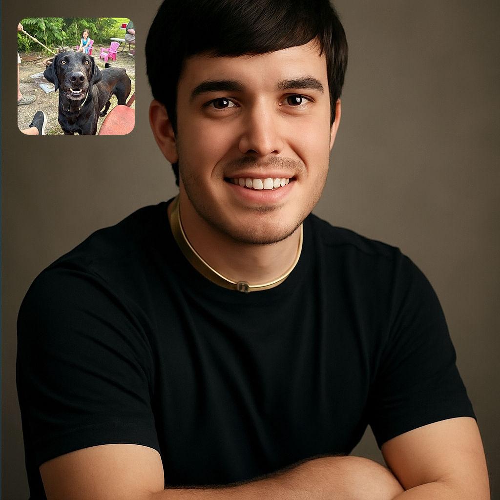 A curious black dog with shiny eyes and a goofy half-smile stands close to the camera, stealing the spotlight. In the background, a little girl in a blue dress sits on a pink chair, while a person roasts something over a fire pit, creating a cozy outdoor vibe.