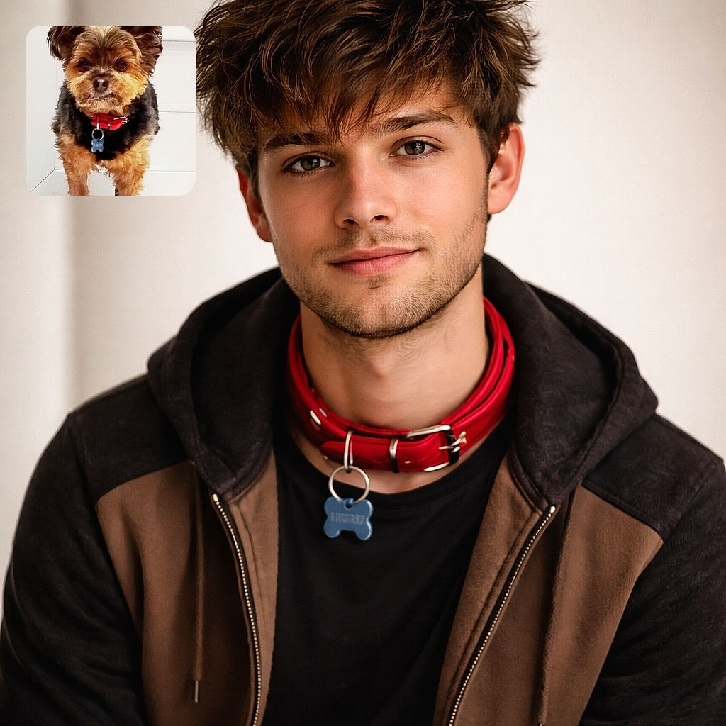 A pint-sized pup stares down the camera like it's about to negotiate breakfast — fluffy ears on high alert, a jaunty red collar with a blue bone tag, and enough attitude to fill the doorway.