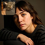 A close-up of a tabby cat lounging comfortably on a gray fabric chair, its green eyes gazing softly at the camera with a relaxed vibe, set against a warm wooden floor and furniture background.